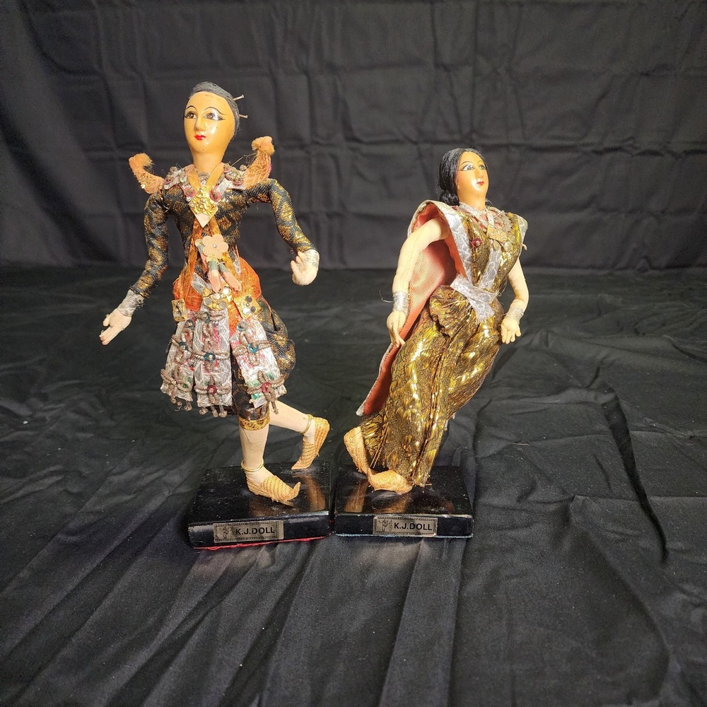 Lot Of 2-Vintage Antique 1960's Thailand Dancer by K.J. Dolls Dancing w/ Stands